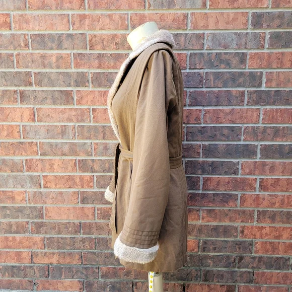 Vtg Bonders Calender Cloth Brown Faux Fur Lined Belted Coat USA No Size, - Picture 6 of 15